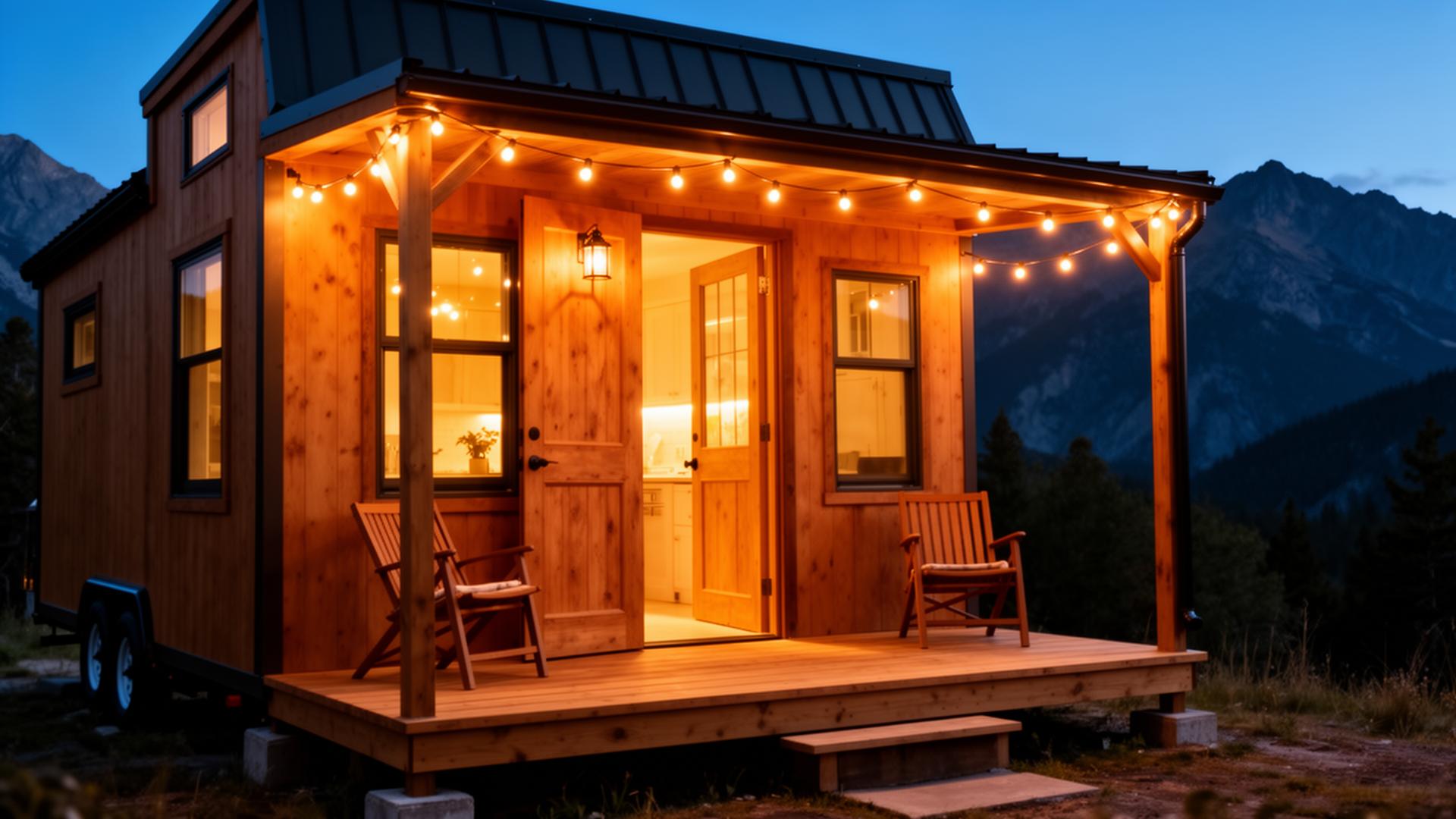 Tiny home porch at dusk